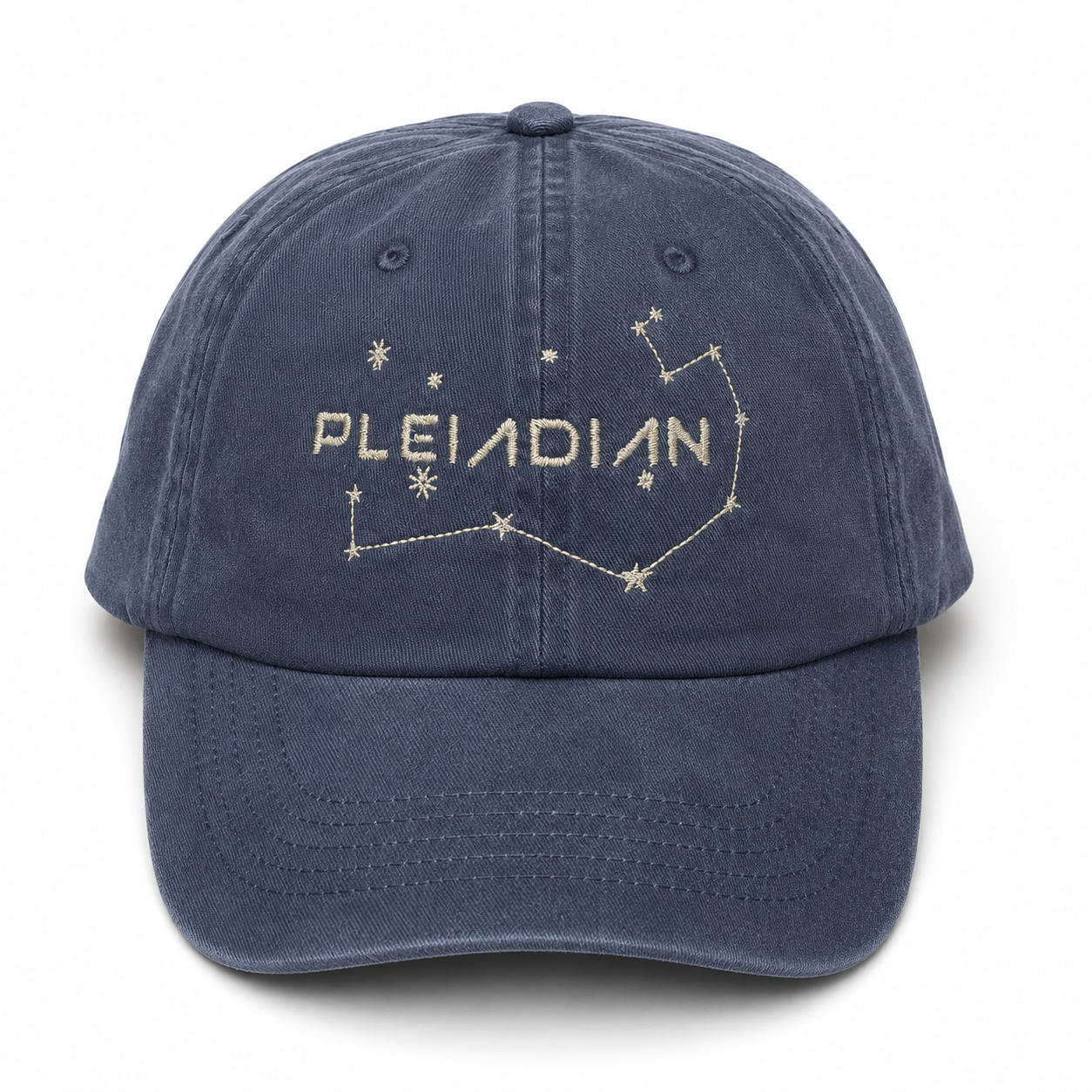 A navy blue cotton baseball cap with 'PLEIADIAN' and a constellation design embroidered in a metallic silver thread on the front, set against a plain white background.