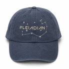 A navy blue cotton baseball cap with 'PLEIADIAN' and a constellation design embroidered in a metallic silver thread on the front, set against a plain white background.