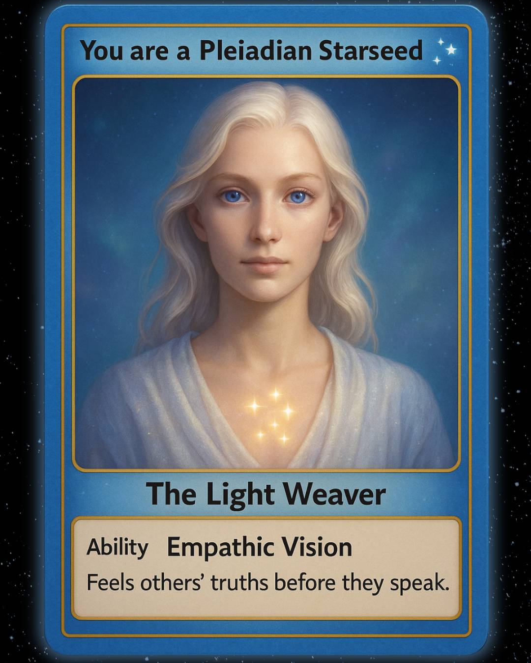 Card featuring a Pleiadian Alien Starseed with a blue border and starry background.