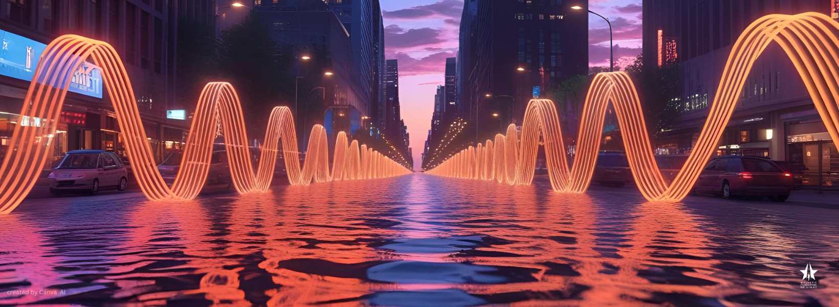 neon energy waves through a cityscape