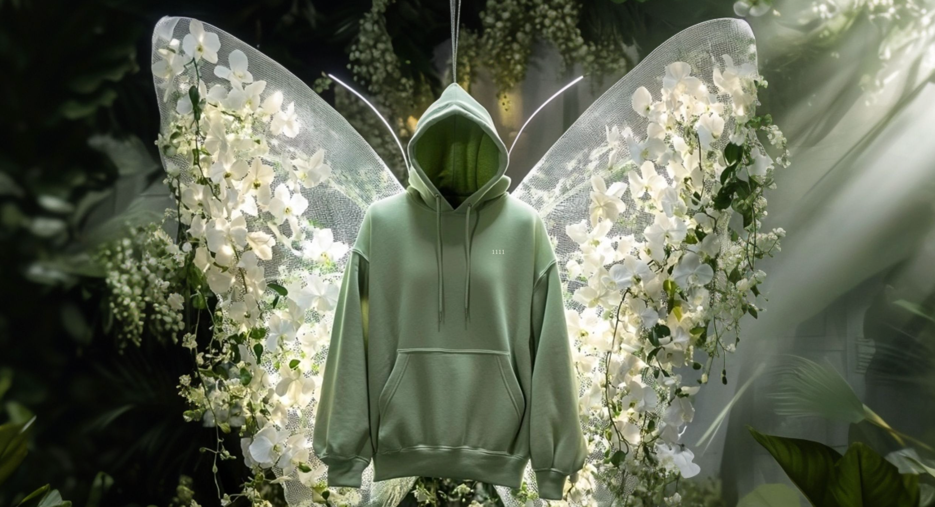 angel number 1111 hoodie floating in an angelic garden background
