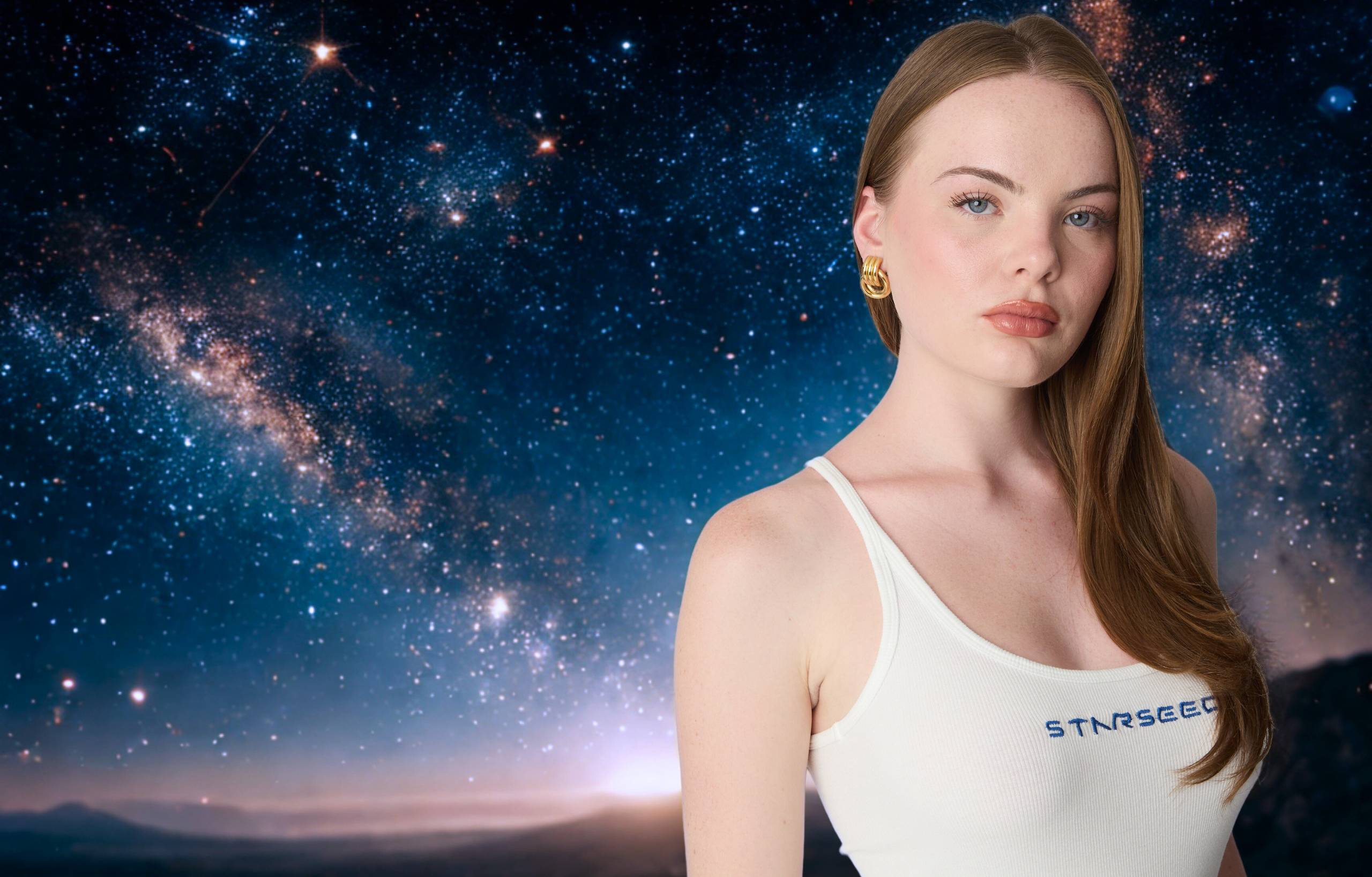 Woman wearing a white tank top with 'Starseek' logo against a space-themed background