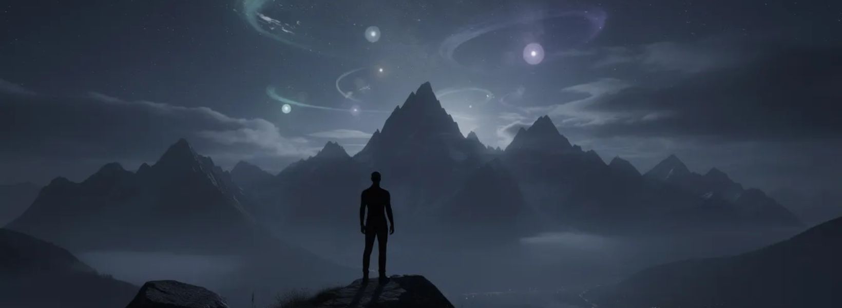 A dark silhouette stands on the edge of a mountain, gazing up at mysterious lights flickering in the night sky