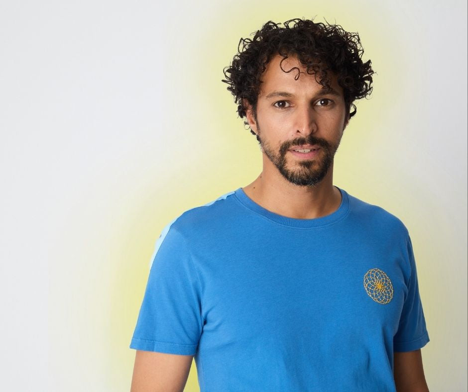 man with a yellow aura standing against a white wall in a blue t shirt
