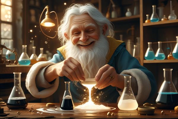 Old man with a beard conducting a magical experiment in a laboratory filled with beakers.
