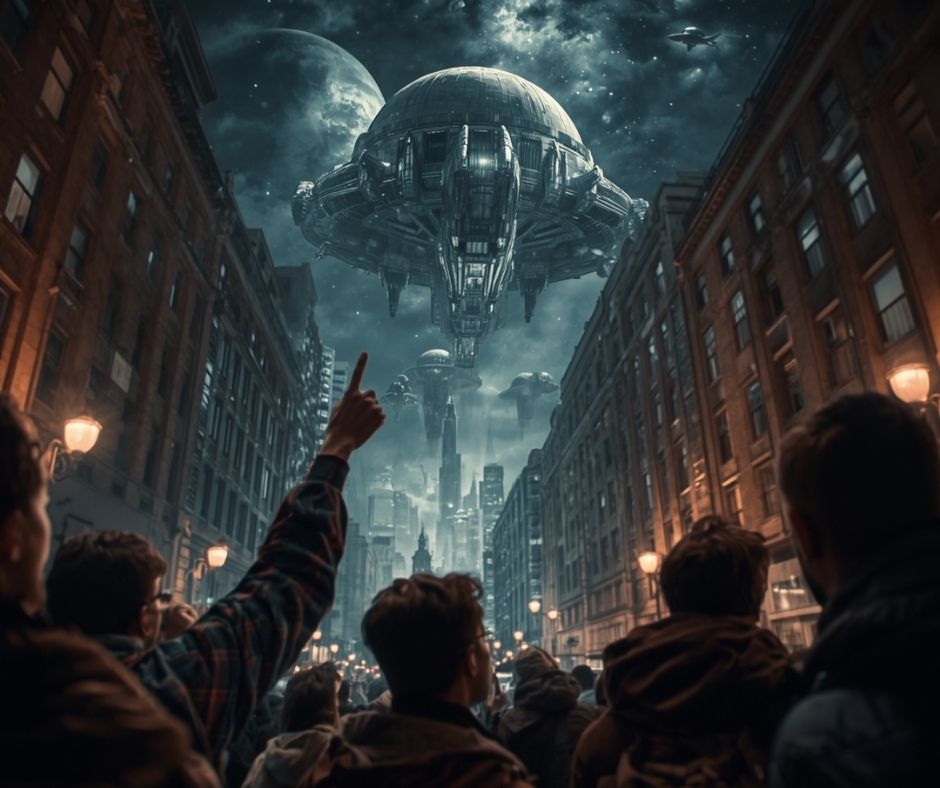 people pointing at the sky in a cityscape and seeing alien spaceships