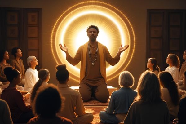 a person leading a meditation circle with a halo of glowing yellow light behind him