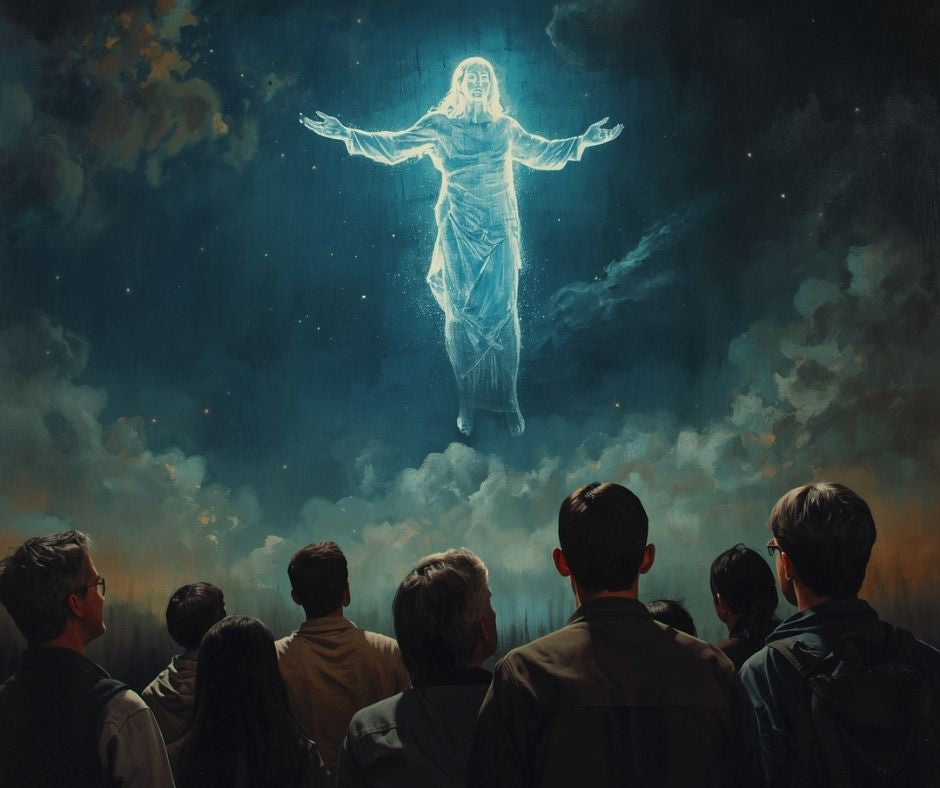 christ-like figure in the sky while people look
