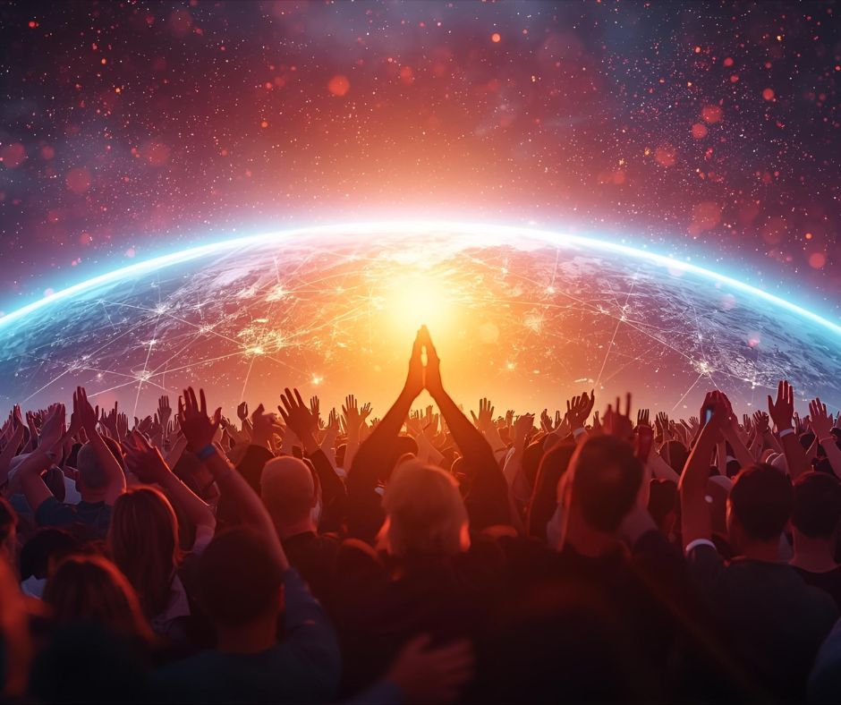 a crowd of people mediating together across a globe 