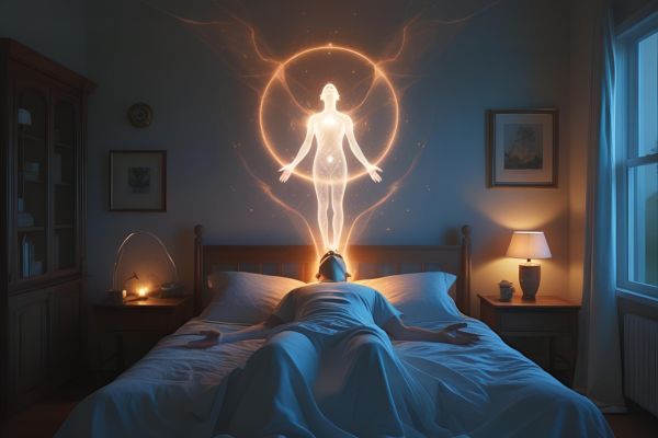 Person lying in bed with a glowing circular figure above them in a bedroom setting.