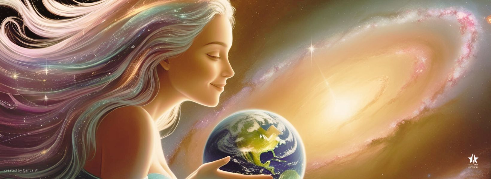 Artistic depiction of a woman holding Earth with a cosmic background
