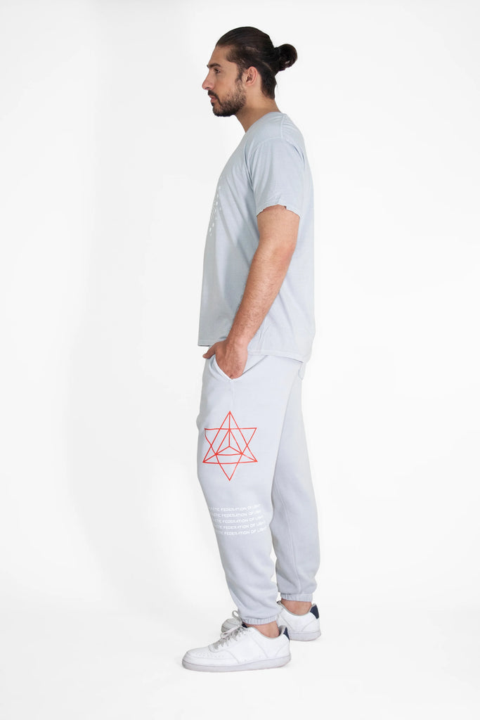 A man with a beard and hair tied in a bun, dressed in a light grey t-shirt and Hypergalactic Pants in Galactic Gray from GFLApparel with a red star design, stands in a relaxed pose with his hands in his pockets. The drawstring waistband of the heavyweight cotton blend pants adds to his laid-back demeanor.