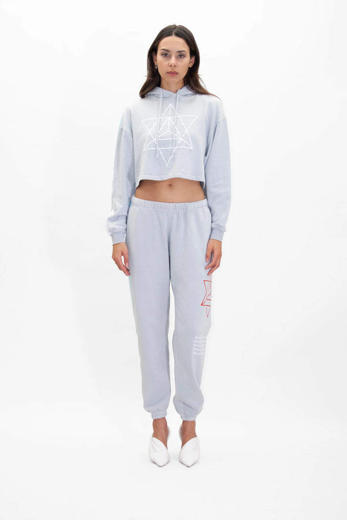 A person stands against a plain background, wearing a light blue cropped hoodie with geometric designs and HyperGalactic Pants in Galactic Gray by GFLApparel featuring a drawstring waistband. They are also wearing white shoes.