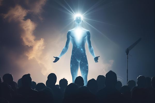 Person in a light blue suit with a bright light source above, standing on a stage with a crowd in the foreground.