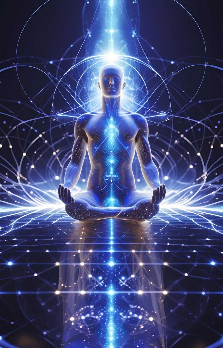 Translucent figure meditating with energy fields and symbols in a dark background