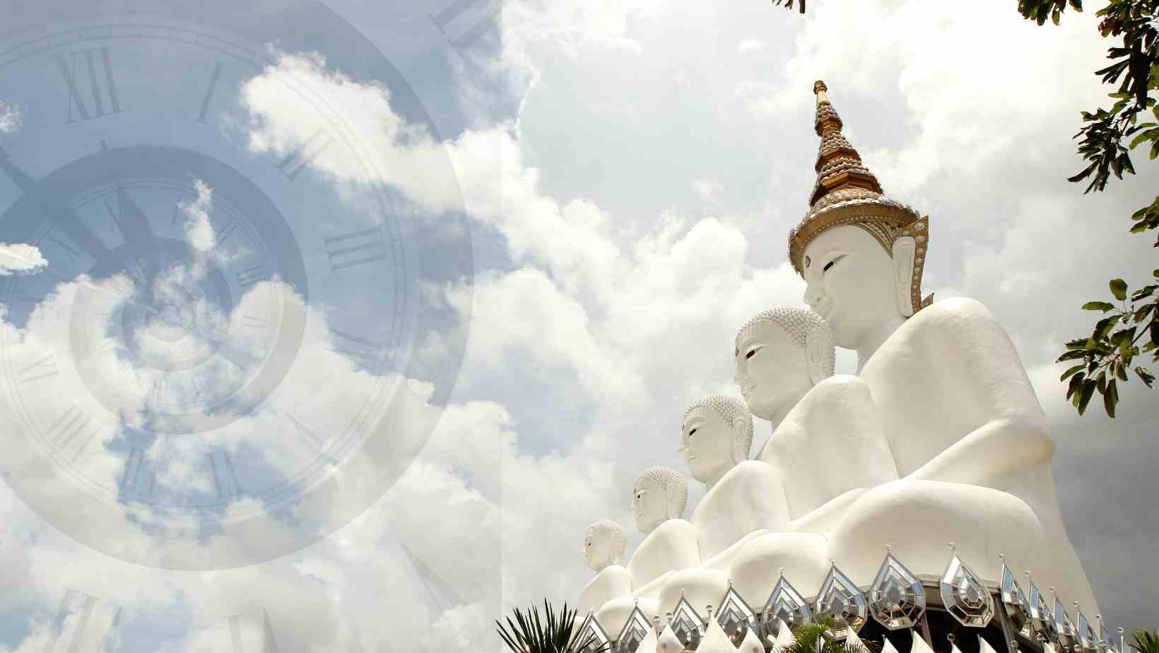 buddha in different stages statues on a sky background with a spiral clock 