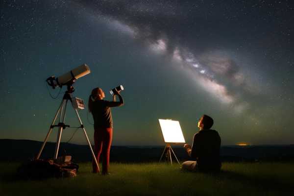 star-gazing-couple with a telescope across an iridscent sky