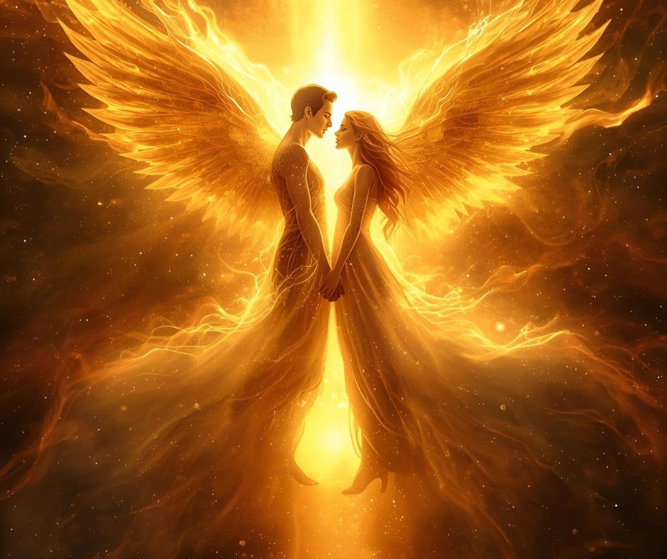 twin flames with angel wings and fiery background