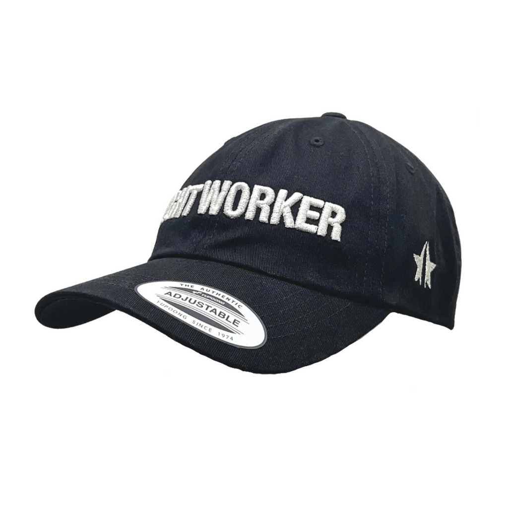 A black adjustable baseball cap featuring the word "LIGHTWORKER" in white embroidery on the front, and a white star on the side. This must-have Light Worker Baseball Cap by GFLApparel is a staple piece for any wardrobe.