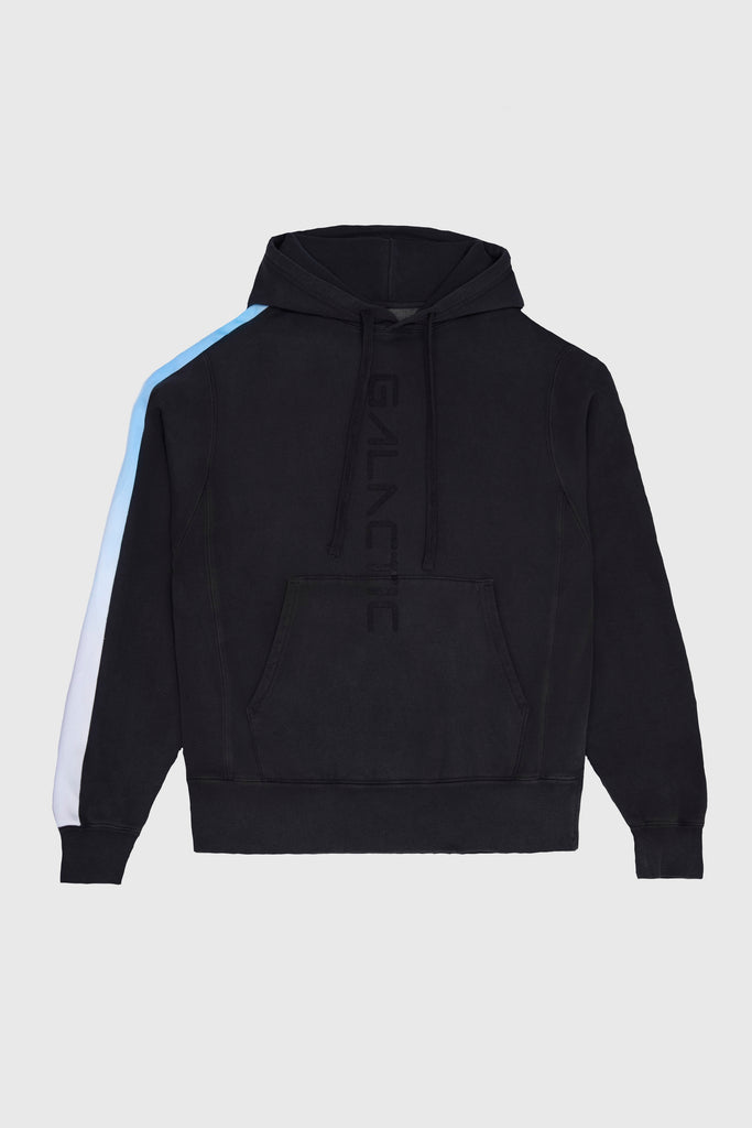Introducing the Hypergalactic Hoodie in Space Glow by GFLApparel: A black heavyweight cotton blend hoodie with a kangaroo pocket and the word "GALACTIC" on the front, featuring a gradient white-to-blue stripe down the right sleeve. Handcrafted in LA for ultimate comfort and style.