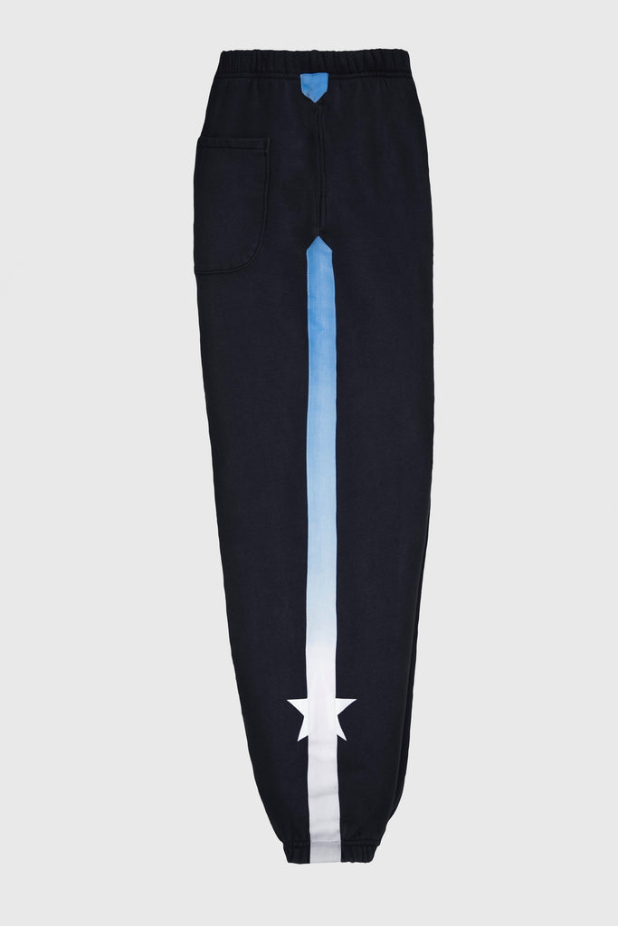 GFLApparel Hypergalactic Pants in Space Glow in heavyweight cotton blend, featuring a sky blue vertical gradient stripe and white star design down the middle. With an elastic and drawstring waistband, cuffs, and a single back pocket, these pants offer style and comfort.