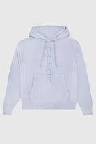 Light gray GFLApparel Hypergalactic Hoodie in Galactic Gray made from a heavyweight cotton blend, featuring a front pocket and the word "GALACTIC" printed vertically down the center. Handcrafted in LA for ultimate comfort and style.