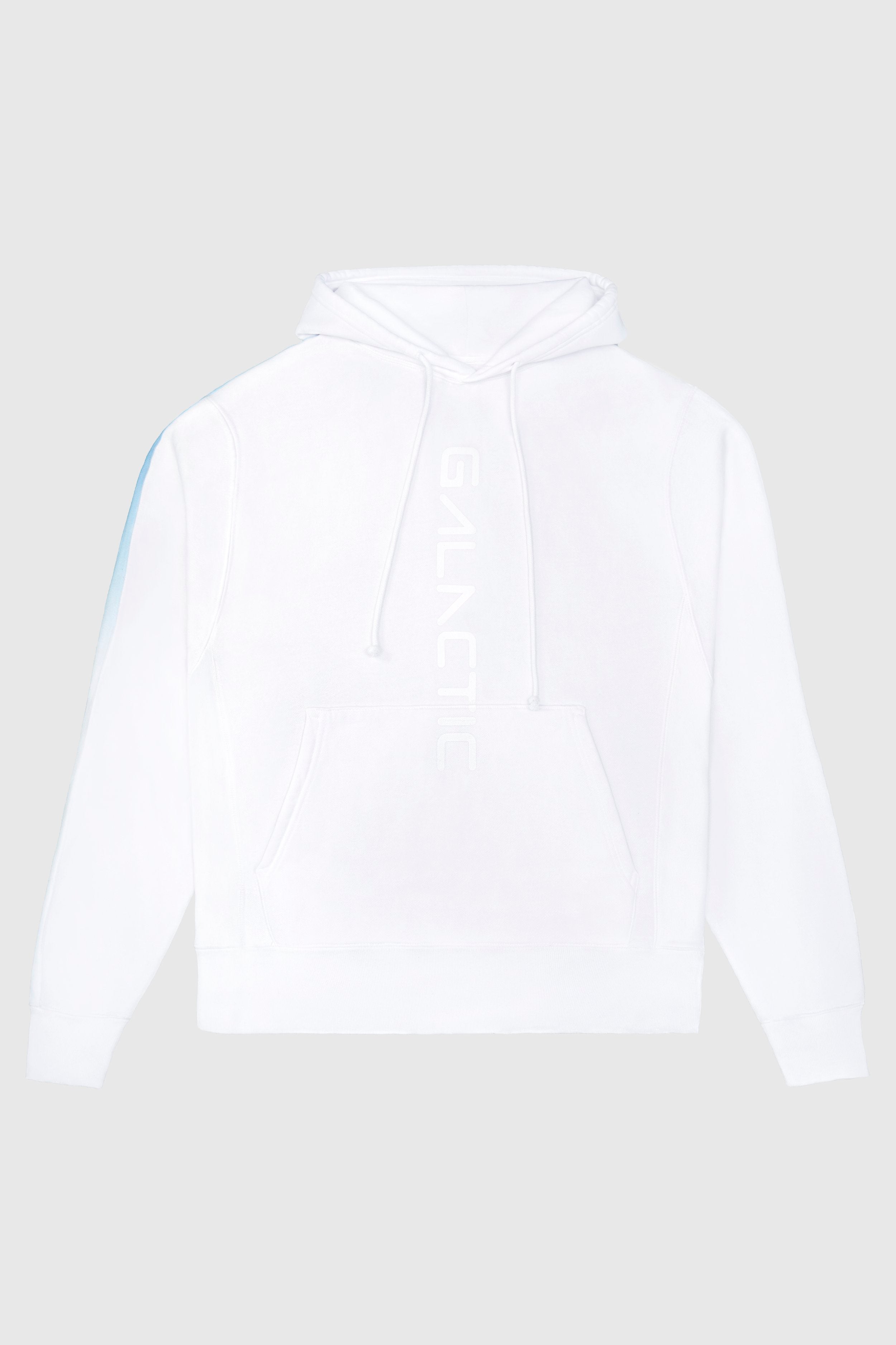 The Hypergalactic Hoodie in Lite Beam, handcrafted in LA, is a white hooded sweatshirt with "GALACTIC" printed vertically on the front. Made from a heavyweight cotton blend, it features a front pouch pocket and long sleeves. This stylish piece is brought to you by GFLApparel.