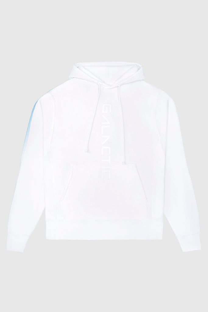 The Hypergalactic Hoodie in Lite Beam, handcrafted in LA, is a white hooded sweatshirt with "GALACTIC" printed vertically on the front. Made from a heavyweight cotton blend, it features a front pouch pocket and long sleeves. This stylish piece is brought to you by GFLApparel.