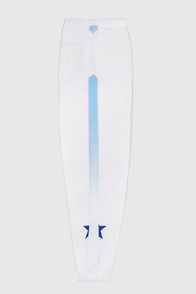A HYPERGALACTIC PANTS IN LITE BEAM by GFLApparel with blue and white stripes.