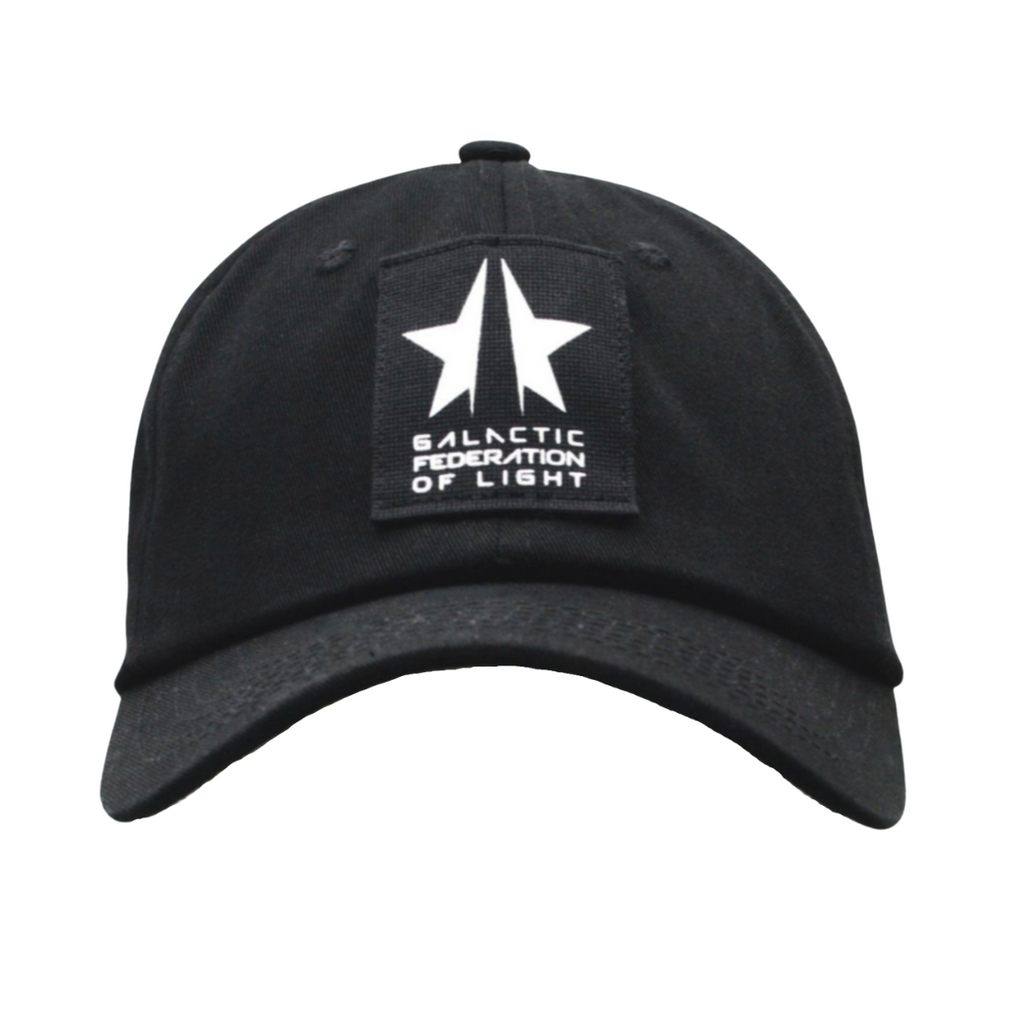 A black GFL Baseball Cap from GFLApparel, featuring a white, star-like emblem and the text "GALACTIC FEDERATION OF LIGHT" on the front, is a must-have for any dedicated Light Worker.